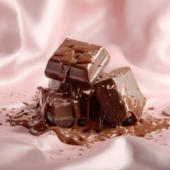 Melted chocolate blocks on a soft pink fabric