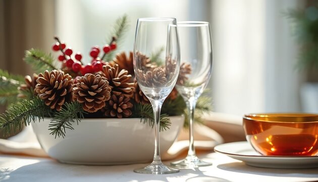 Table setting with pine cones evergreen branches and red berries. Two champagne glasses sit ready. Festive bowl with golden rim adds elegance. Winter celebration awaits.