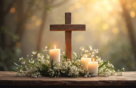 Wooden cross stands on table. Candles glow with soft light. Snowdrop flowers bring spring touch. Symbolizes faith hope life renewal. Evokes Easter Palm Sunday Lent spiritual reflection peace harmony.