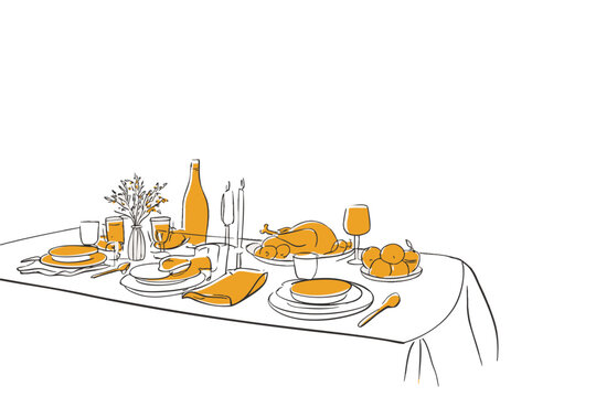 Autumn thanksgiving feast illustration with roasted turkey pumpkins wine and elegant dinner table decor