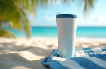 White insulated tumbler stands on towel on the beach with blue ocean and palm leaves. Reusable metal travel cup on sand against blurred tropical backdrop.