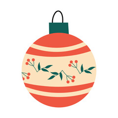 Christmas round ornament with berry and leaf pattern. Festive vintage-style bauble for holiday tree. Flat vector illustration isolated on white background.
