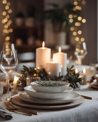 A beautifully set dining table with candles, plates, and decorative greenery