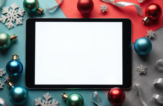 Tablet with blank white display. Christmas decor around. Balls ribbon snowflakes. Winter holidays sales, Xmas, online shopping concept. Top view, copy space.