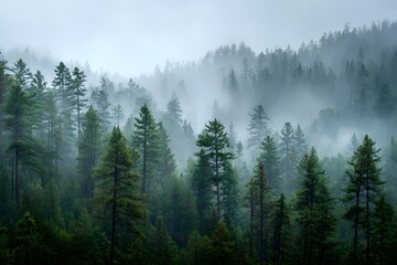 Dense evergreen forest shrouded in mist