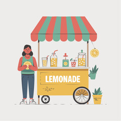 Lemonade stand with woman selling lemonade - primary business and sales 2D vector illustration