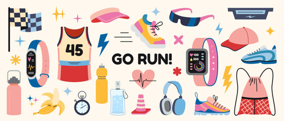 Running, training and motivation concept. Set with sportswear, sneakers, smartwatch and accessories for run. Trendy modern vector illustration isolated on background, hand drawn, flat design