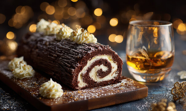 Traditional chocolate Yule log cake with cream frosting and golden holiday decorations