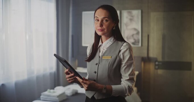Smiling Young Female Hotel Service Professional in Uniform Holds Tablet, Standing Confidently in Modern Luxury Hotel Room. Concept of Hospitality Management and High End Customer Service. Portrait.