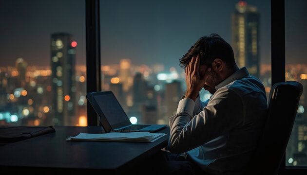 Man sits in dark office late at night holding head. City lights glow outside window behind him. Laptop and papers on desk suggest work stress and anxiety.