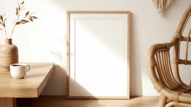 Blank Frame on Wooden Table with Natural Light and Chair.