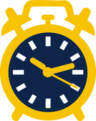 Yellow alarm clock icon with dark blue face and ticking hands illustration