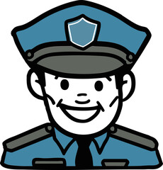 Smiling police officer cartoon icon in blue uniform and cap on white