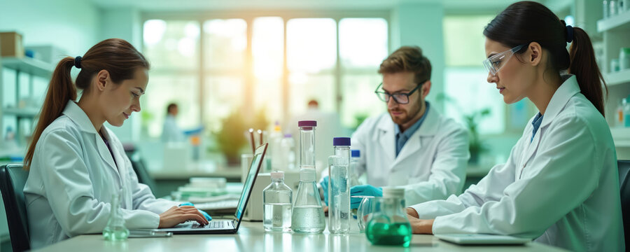 Scientists in lab coats work together on research project. Team analyzes data on laptop next to chemical beakers. Diverse group collaborates in modern science facility.