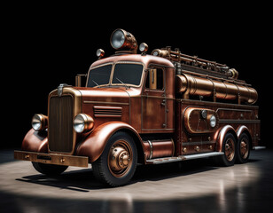 Steampunk, Vintage maroon and gold tanker truck on a country road.