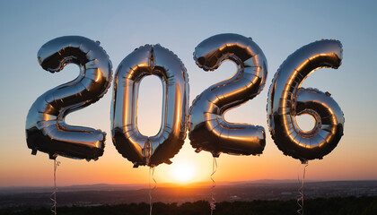 Silver 2026 balloons against a sunset sky.