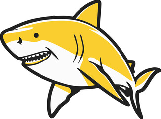 Yellow shark illustration with open mouth and sharp tooth on white