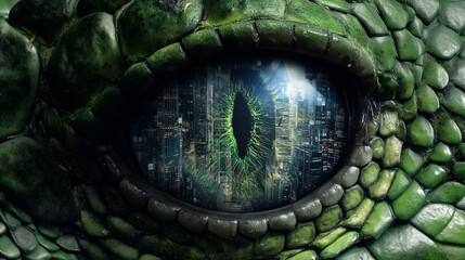 Macro shot of a green reptilian eye reflecting a futuristic city skyline, blending nature and sci-fi elements