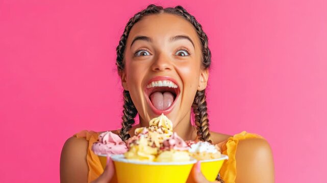 This is a picture of a young woman showing off her dessert and smiling broadly, indicating she's really enjoying the taste of the sweets.