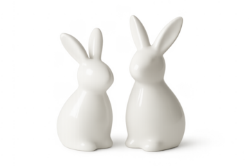 White ceramic bunny figurines standing together transparent background