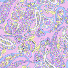 Floral seamless pattern with paisley ornament. Vector illustration in asian textile style