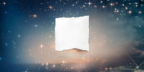 Mensagem de luz e esperan&ccedil;a, peda&ccedil;o de papael rasgado em branco em fundo cintilante nortuno