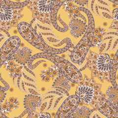 Paisley vector seamless design flowers and leaves in a batik-inspired style. Vintage fabric backdrop