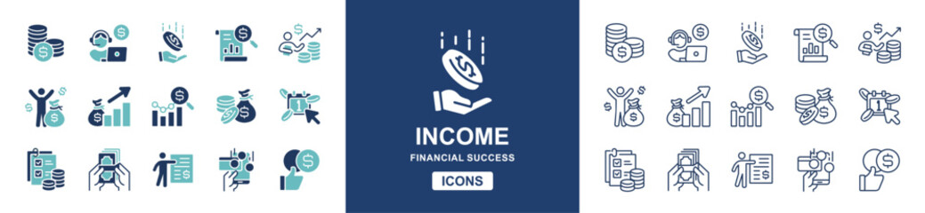 Wealth success income icon line set. Financial salary growth, money dollar, investment, profit gain, earning chart, online payment, business revenue arrow sign vector illustration
