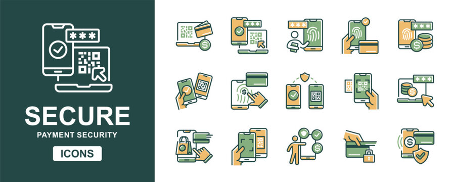 Online transaction secure payment icon set. Business money transfer security, qr code, fingerprints, verity lock, shopping purchase, card banking, pay bill password signs vector illustration