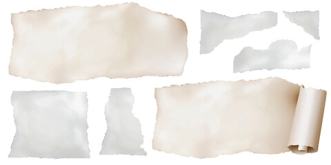 Peda&ccedil;os folhas vintage, recortes de papel antigo rasgados em variados formatos em fundo transparente