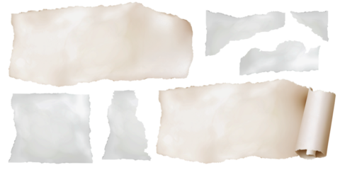 Pedaços folhas vintage, recortes de papel antigo rasgados em variados formatos em fundo transparente