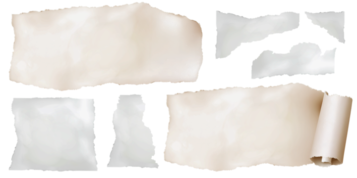 Pedaços folhas vintage, recortes de papel antigo rasgados em variados formatos em fundo transparente