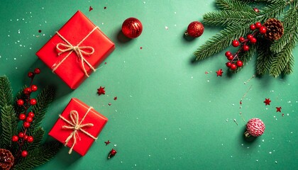 “Flat lay Christmas banner with xmas tree, red gifts, ornaments, pine branches and warm lights on green background. Clean space for text. Holiday greeting card template.”