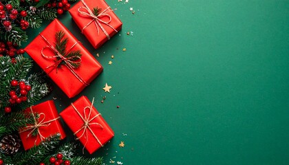 “Flat lay Christmas banner with xmas tree, red gifts, ornaments, pine branches and warm lights on green background. Clean space for text. Holiday greeting card template.”