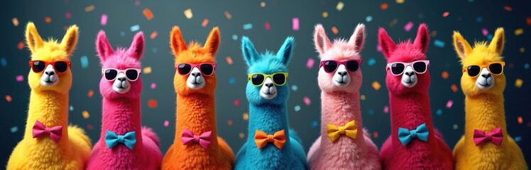 Naklejka premium Colorful alpacas dressed for party wear bow ties, sunglasses. Animals pose in row against dark confetti backdrop. Festive funny animal party celebration. Concept for greeting card invitation design.