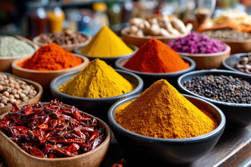 Colorful spices in bowls at a market