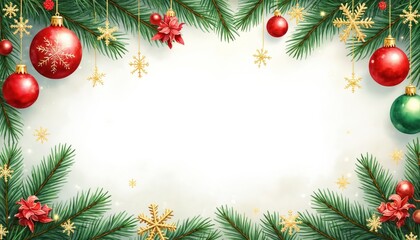 Festive Christmas border with green pine branches, red ornaments, and gold snowflakes. Poinsettias accent corners creating a holiday frame for winter celebrations and greeting cards.