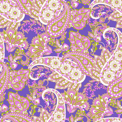 Vector Seamless Pattern with Ornamental Paisley and Flowers