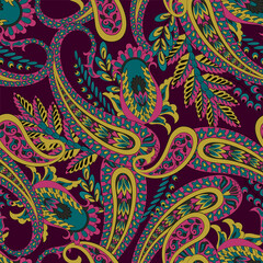 Decorative Paisley Flowers Vector Seamless Pattern Background