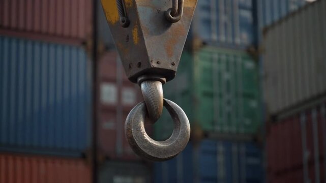 Cinematic macro video of a crane hook lifting containers, close-up on metal textures, slow-motion, industrial and dramatic lighting