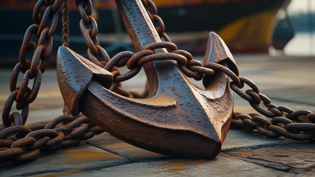 Macro cinematic close-up of a ship&rsquo;s anchor and chain at the dock, rust textures, subtle shadows, realistic 4K detail