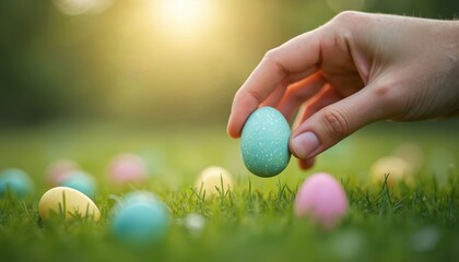 Hand picks a blue speckled egg from green grass scattered with colourful pastel eggs. Spring celebration, easter egg hunt outdoors, soft light.