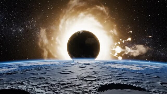 Cosmic event unfold as a planet eclipses the sun from a cratered moon, breathtaking space exploration and celestial wonder