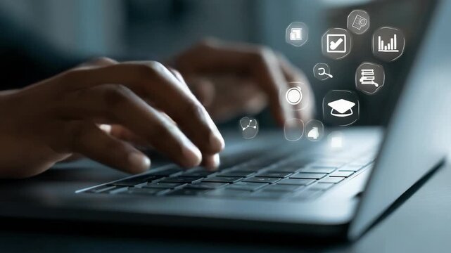 User Typing on Laptop Keyboard with Digital Online Work and Learning Icons