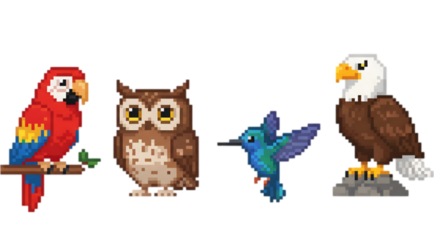 Pixelated illustration of various birds, including a parrot, owl, hummingbird, and eagle.