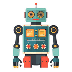 Fototapeta premium Retro Robot Character Design with Teal Body Orange Accents and Circular Eyes Standing Against a White Background