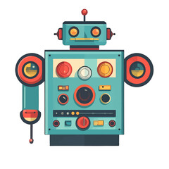 Fototapeta premium Retro Teal and Red Robot Toy with Colorful Dials and Buttons on a White Background