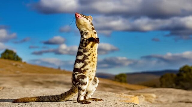 Alert quoll standing tall against bright blue sky and clouds