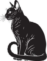 Stylized black cat vector illustration, a graceful feline depicted sitting calmly in profile with its tail elegantly curled, perfect for minimalist design projects and animal themes.