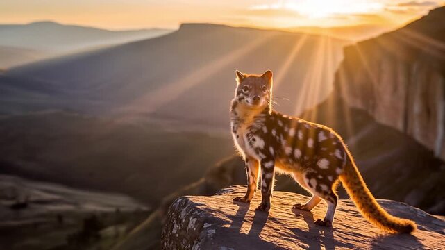 Curious quoll perched on rocky cliff at golden hour